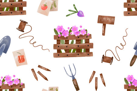 Watercolor seamless pattern with gardening tools. Hand drawn garden equipment, tools and flowers on isolated background. Repeated background, textile, wrapping, print.の写真素材