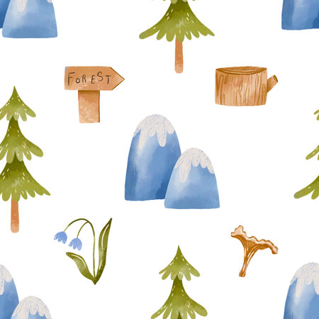 Forest camping seamless pattern. Hiking, trees, flowers, camping equipment watercolor background
