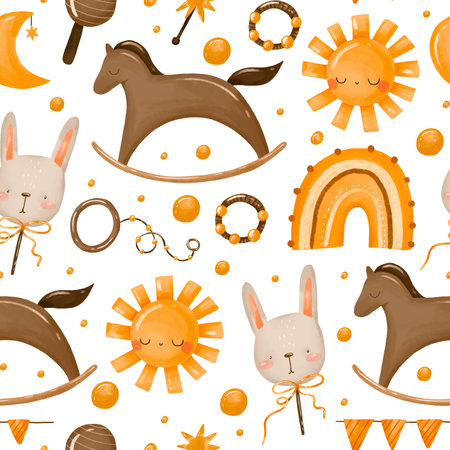 Seamless pattern with wooden horse, bunny, sun, moon for baby. Horse riding. Newborn. Endless background. Hand drawn watercolor illustration on isolated backgroundの写真素材