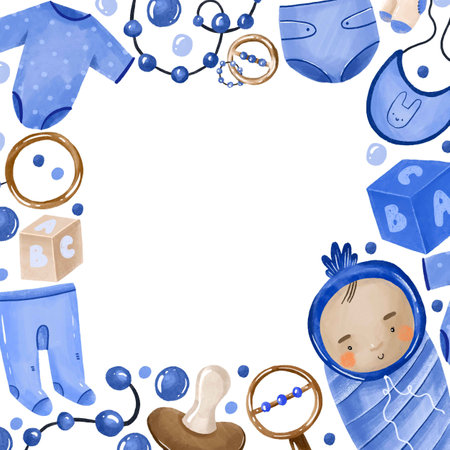 Square Baby boy card invitation for baby shower. Its a boy hand drawn greeting card. Birthdayの写真素材