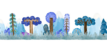 Mountain Border seamless pattern with cartoon forest trees, fir, spruce on grass. Watercolor hand drawn background. Cartoon illustrationの写真素材