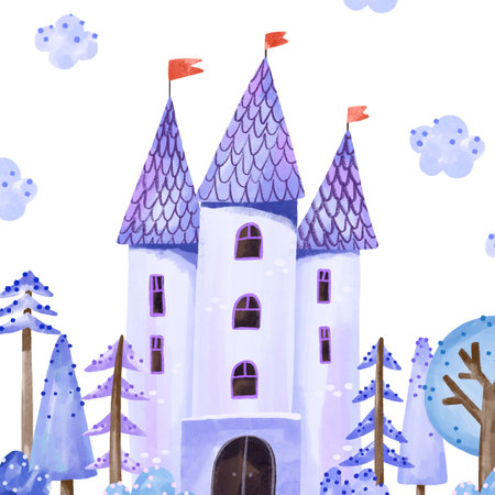 Princess poster Baby girl winter design for nursery with snowy landscape and old castle. Watercolor illustrationの写真素材