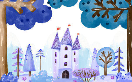 Watercolor landscape of fairy magic forest and old cartoon castle. Baby room wall art. Hand drawn illustrationの写真素材