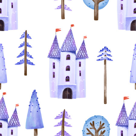 old castle and fairy winter forest seamless pattern. Endless background for baby room, textile, print. Watercolor designの写真素材