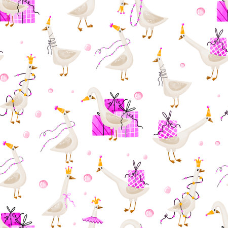 Baby girl design. Geese Seamless pattern. Endless background of white duck with birthday hat, and king crown. Birthday celebrating hand drawn watercolor illustration on isolated backgroundの写真素材