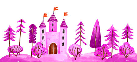 Baby dreaming. Fairy castle in magic forest landscape. Poster for girl nursery. Poster. pink watercolor backgroundの写真素材