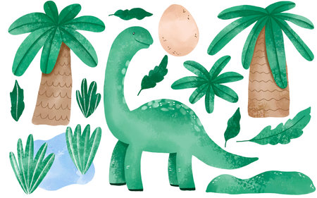 Green dinosaur with long neck, jungle palms, rainforest. Watercolor illustration on isolated backgroundの写真素材