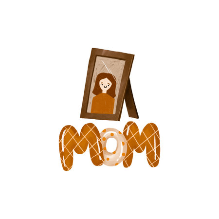 Woman photo in frame and mom description. Happy Mother day. Mom day hand drawn illustration. Greeting cardの写真素材
