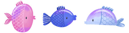 Sea color fish hand drawn illustration. Cartoon collection on isolated background