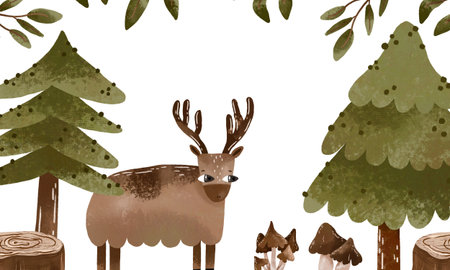 Forest hand drawn watercolor greeting card with trees, fir, spruce, mushrooms. Horizontal banner with deerの写真素材