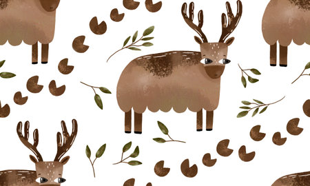 Forest hand drawn watercolor seamless pattern with deer and pawprintの写真素材