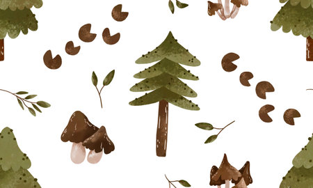 Forest hand drawn watercolor seamless background with trees, fir, spruce, mushrooms