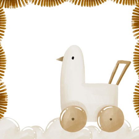 Baby greeting card with cute duck, goose toy. Hand drawn watercolor baby shower designの写真素材