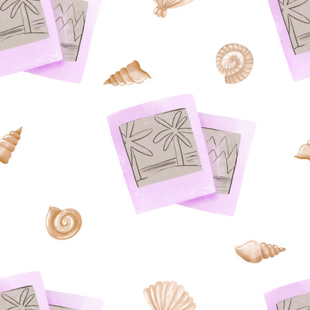 Beach photo and shell seamless pattern. Beach tropical endless design