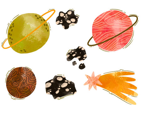 Cartoon solar system unknown objects, planets, meteors. Hand drawn watercolor illustration on...