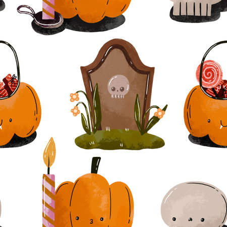 Halloween seamless pattern. Horror illustration. Scary Hand drawn watercolor illustration on isolated backgroundの写真素材