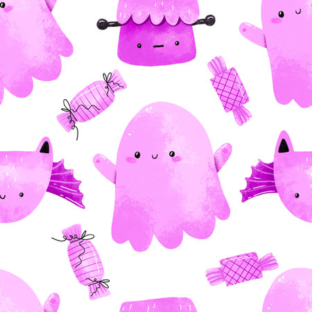 Halloween seamless pattern with ghost, bat and candies. horror backgroundの写真素材