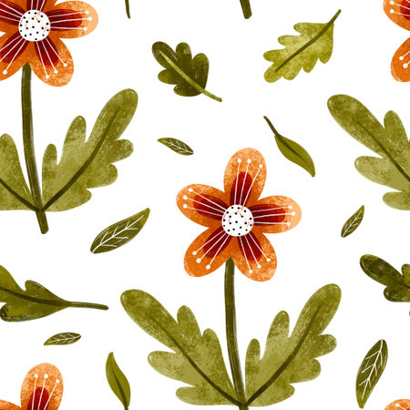 Botanical seamless pattern with flowers, wildflowers, plants, branches, leaves. Hand drawn...