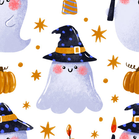 Funny cartoon ghost seamless pattern. Autumn October horror design. Endlss background. Magic spirit. Hand drawn watercolor halloween illustration on isolated backgroundの写真素材