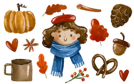 Funny cartoon girl portrait with autumn yellow leaves, pumpkin, cup of tea, berries. Forest hand drawn illustration on isolated backgroundの写真素材