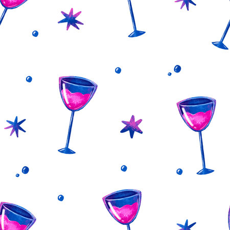 Happy birthday seamless pattern with wine glasses. Hand drawn illustration, endless background.. Textile printの写真素材