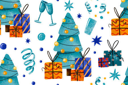 Winter holidays. Happy New year and merry christmas seamless pattern. Spruce, glasses, garland and...