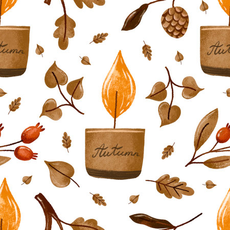 Autumnal cozy candle and foliage leaves seamless pattern. Hand drawn watercolor fall autumn isolated background. September textile design. November Thanksgivingの写真素材