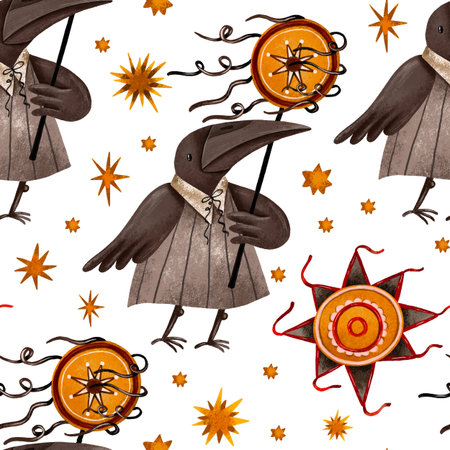 Christmas seamless pattern with cartoon crown and star. Winter holidays hand drawn watercolor endless December background. Happy winter holidaysの写真素材