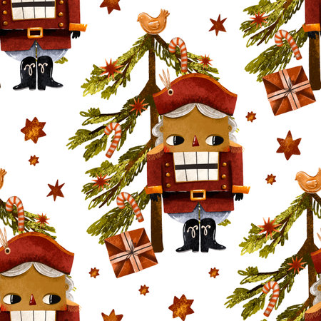 Fairytale cartoon ballet soldier nutscracker christmas tree with candle golden duck toys candy Merry christmas happy new year seamless pattern Drawn illustration winter holiday background Wrapping DIYの写真素材