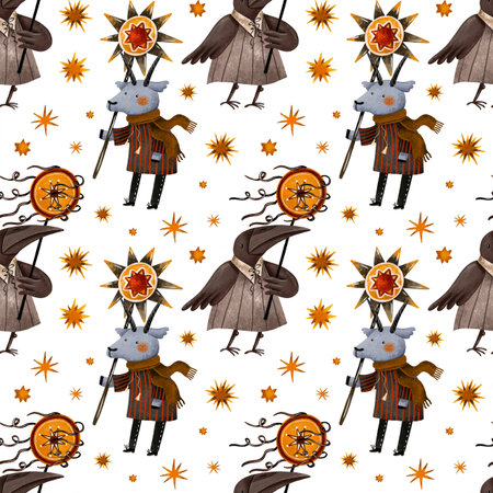 Goat crow at Christmas Eve or traditional slavic New Year celebration. Animal with star sign eastern carol malanka during koliada. Xmas congratulation seamless pattern Native ukrainian winter holidayの写真素材