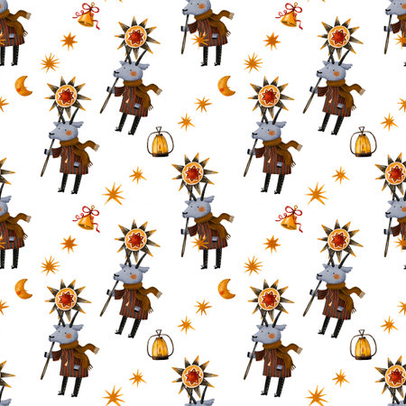 Ukrainian Christmas orthodoxa traditional seamless pattern with goat costume vertep. Koliadky malanka carols Carolers and church star bell hand drawn watercolor Ukraine traditions background printの写真素材