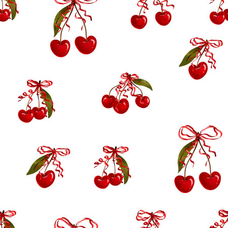 Seamless pattern Sweet red cherry with vintage ribbon bows collection. Valentine day love design....