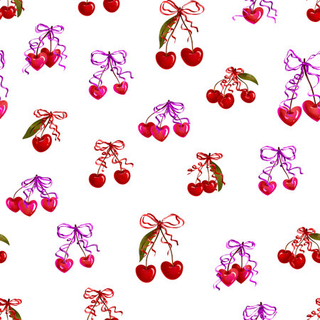 Seamless pattern Sweet red cherry with vintage ribbon bows collection. Valentine day design. Girly...