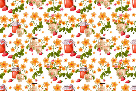Seamless Hand Painted Strawberry Tea and Floral Pattern for Cottage Kitchen Textile and Spring Decorの写真素材
