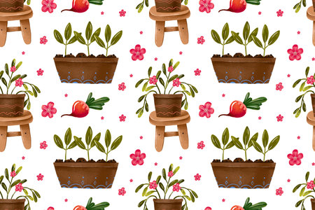 Seamless Hand Drawn Garden Pattern with Potted Plants Radish and Flowers Ideal for Fabric Wallpaper Packaging and Home Decor Productsの写真素材
