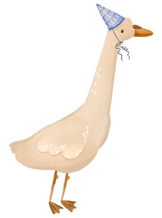 Hand Drawn Goose in Blue Party Hat Cute Nursery Illustration for Kids Room Wall Art Greeting Cards Baby Shower Prints and Textile Designの写真素材
