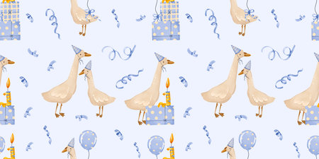 Cute Hand Drawn Geese Birthday Celebration Pattern with Candle Gifts and Balloons Ideal for Kids Textiles Wrapping Paper Nursery Decor and Party Invitations.の写真素材