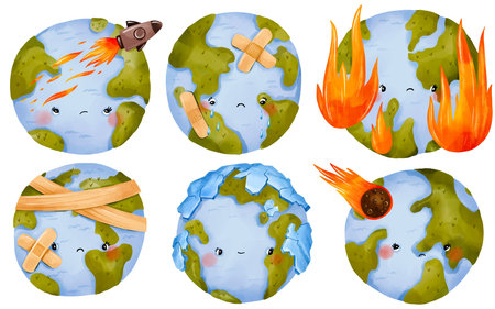 Hand drawn cute sad Earth environmental crisis illustration collection. Climate change concept with...