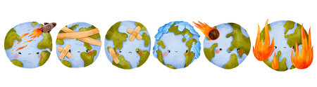 Cute Earth climate change illustration set. Hand drawn sad planet with fire meteor ice bandages and...