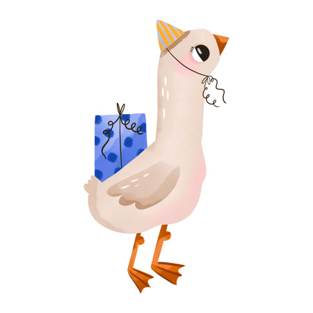 Hand Drawn Birthday Goose With Gift Cute Nursery Illustration For Greeting Cards Baby Shower Invitations Kids Party Decor Wrapping Paper And Nursery Prints.の写真素材