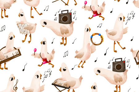 Cute musical geese seamless pattern with instruments. Hand drawn birds playing keyboard accordion tambourine and radio. Perfect for fabric wallpaper wrapping paper nursery decor textile and kids products.の写真素材