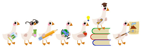 Parade of cute cartoon baby geese walking in a line carrying school supplies like pencil books and globe for education designsのイラスト素材