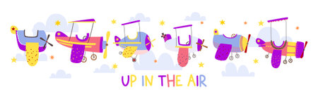 Up In The Air Typography Banner with Purple and Pink Airplanes for Girls Birthday Party Decor Baby Shower Graphics and Whimsical Nursery Wall Artのイラスト素材