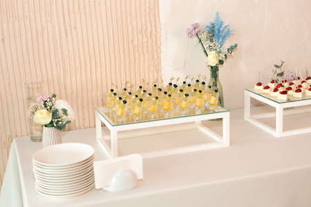 A set of beautiful canapes on plates. Buffet table. Catering.