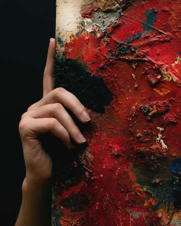 Red and black body paint. Woman with body art. Young girl with bodypaint. An amazing model with makeup.の写真素材