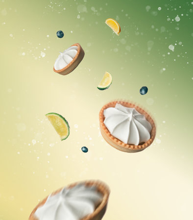 Slices of fresh and ripe lime and lemon with lemon tarts, splashing cream and blueberry thrown in the air, flying and levitating on a bright green background. creative food concept. summer citrus fruitsの写真素材
