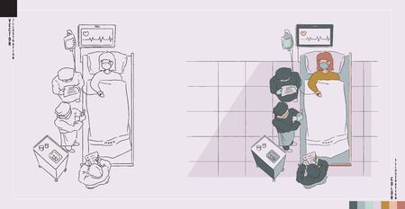 Medical care vector illustration in both outline monotone and colour version. Doctor and nurses are curing in serious situation. Hand drawn style illustration.のイラスト素材