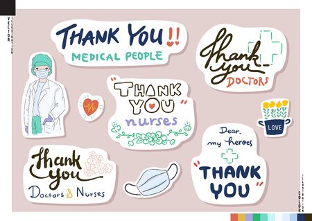 Set of thank you medical people stickers. Thank you doctor, Nurses, Medical team and all healthcare heroes for fighting the coronavirus and all diseases. Vector illustration for web, print, scrapbook, card, etc.のイラスト素材