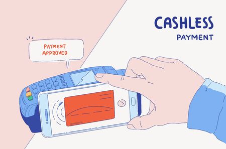 Vector illustration of E-payment banner. Online mobile paying by phone and connected credit card. Payment approved. Cashless society.のイラスト素材
