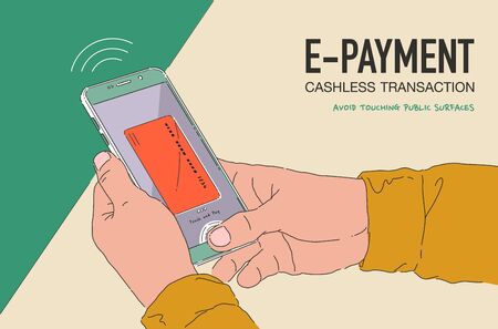 Vector illustration of E-payment banner. Online mobile paying by phone and connected credit card. New normal lifestyle to avoid touching public surfaces.のイラスト素材
